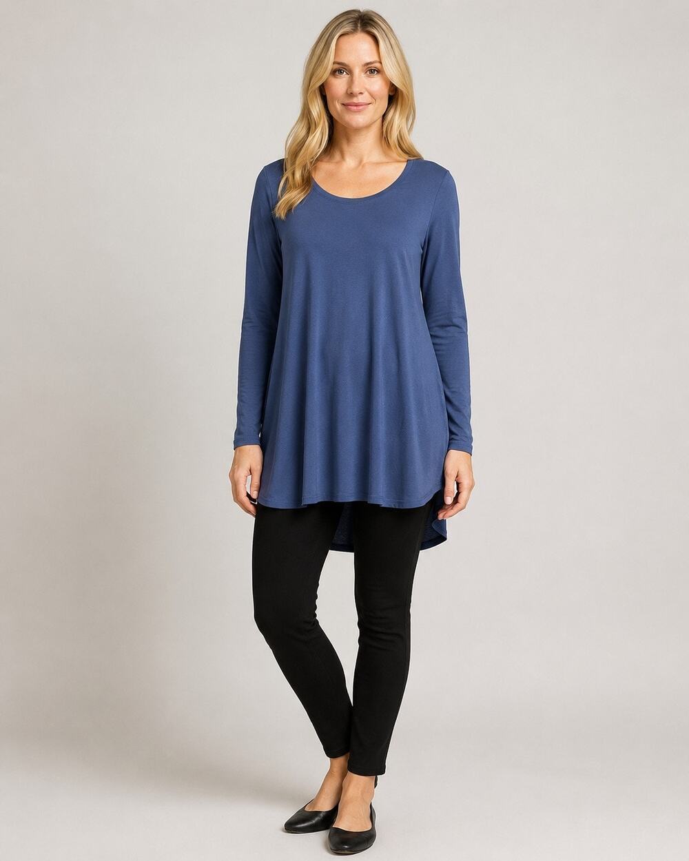 Eileen Fisher M Blue Viscose Stretch Jersey Swing Tunic Hi Low Hem Lagenlook USA